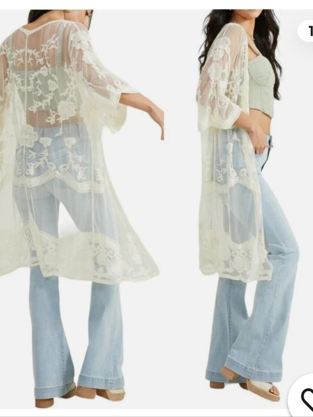 Sheer Lace Crochet Swim Coverup Kimono - Cream One Size